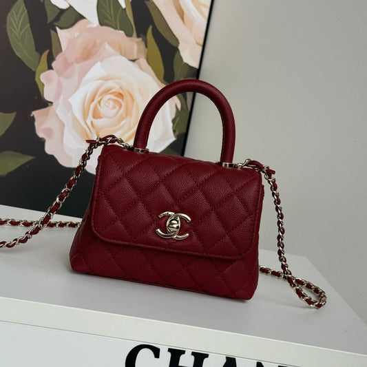 CHANEL 24K Coco Handle Nano 14.5cm Burgundy Grained Calfskin Gold Hardware