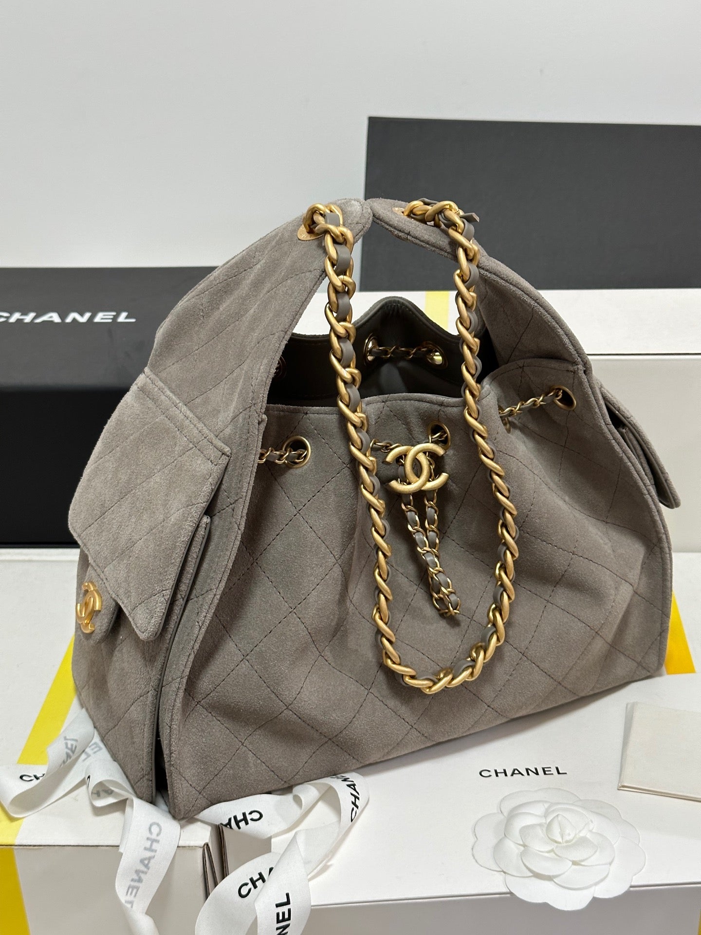 CHANEL 25C Hobo Bag 30cm Grey Suede