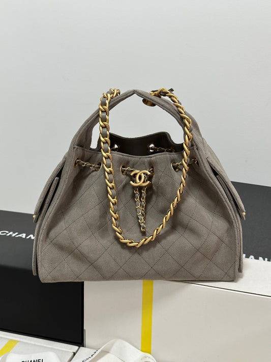 CHANEL 25C Hobo Bags 30cm Warm Grey Suede 243557
