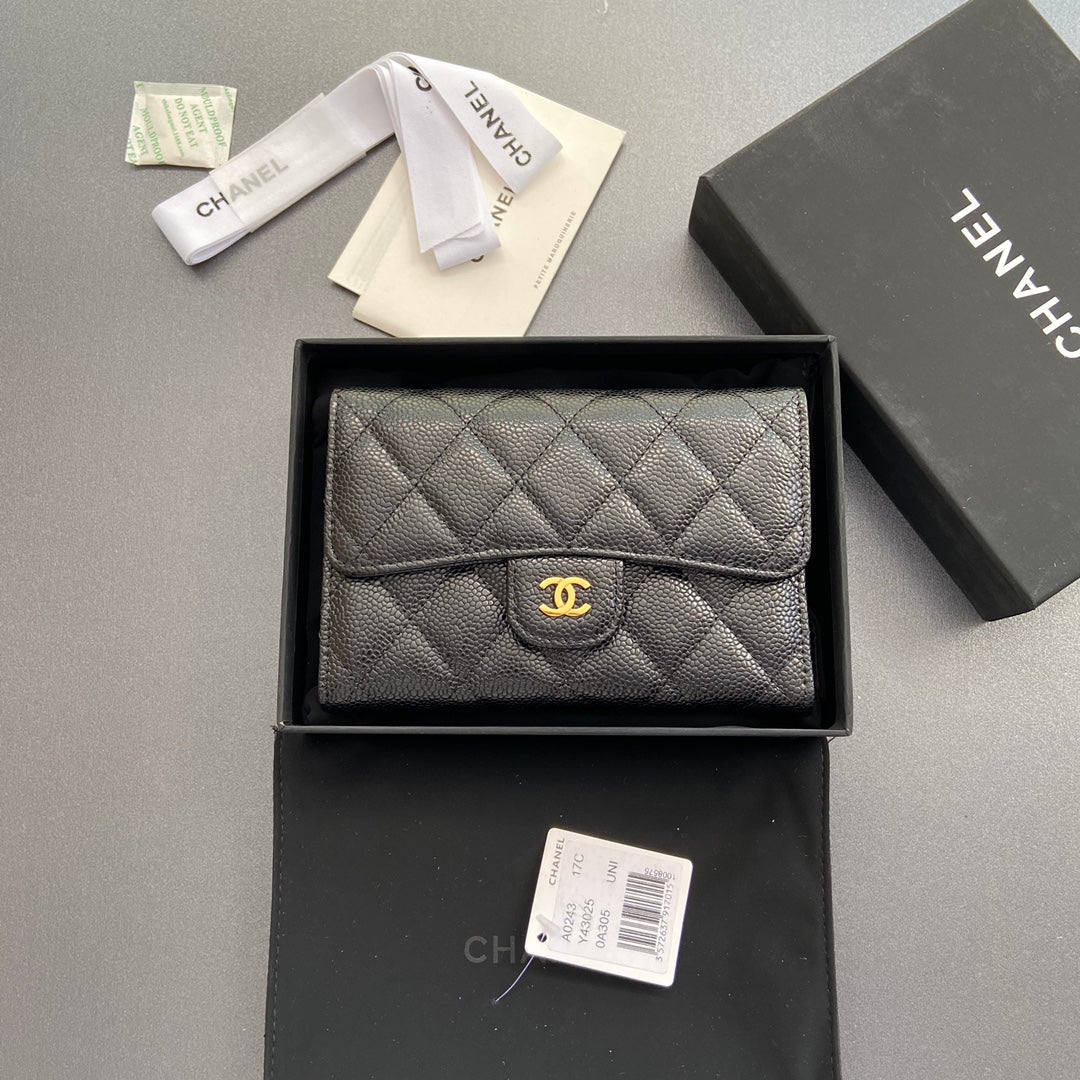 CHANEL wallet 15cm black caviar gold hardware