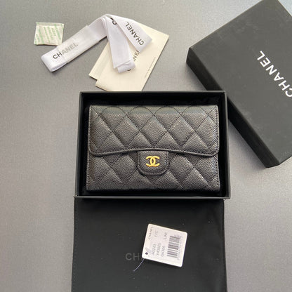 CHANEL wallet 15cm black caviar gold hardware