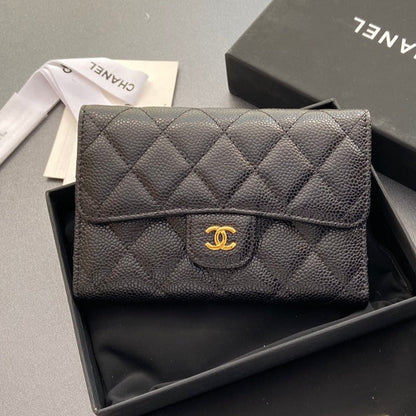 CHANEL wallet 15cm black caviar gold hardware