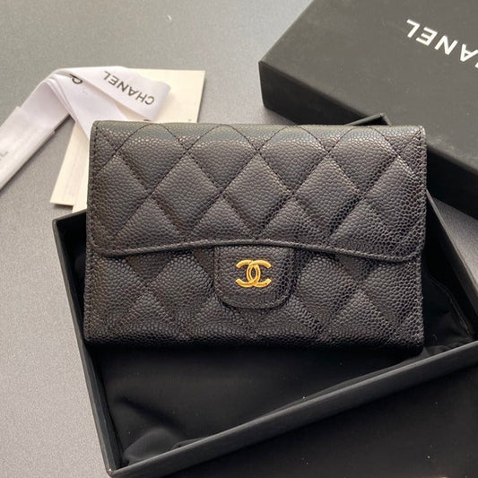 CHANEL wallet 15cm black caviar gold hardware
