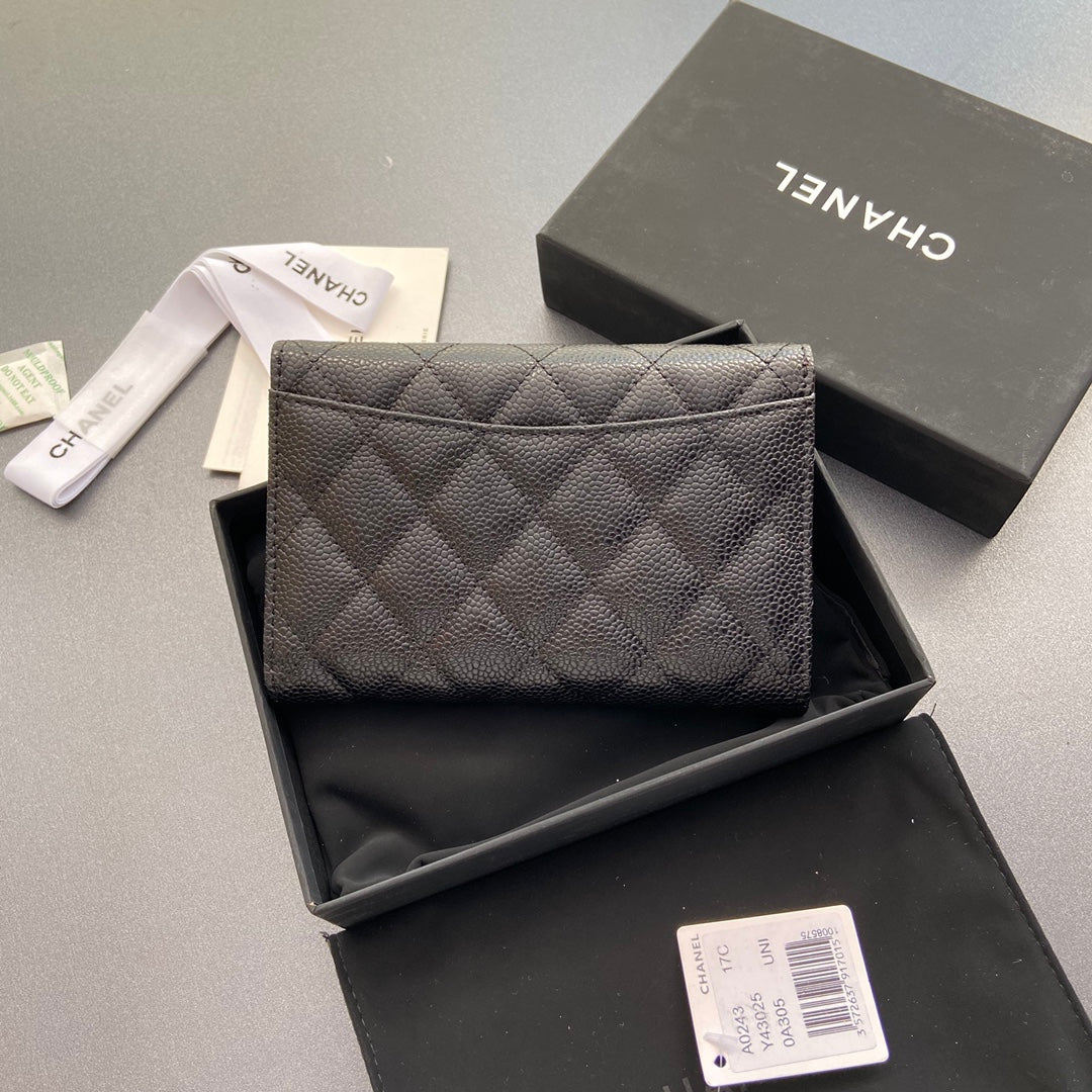 CHANEL wallet 15cm black caviar gold hardware