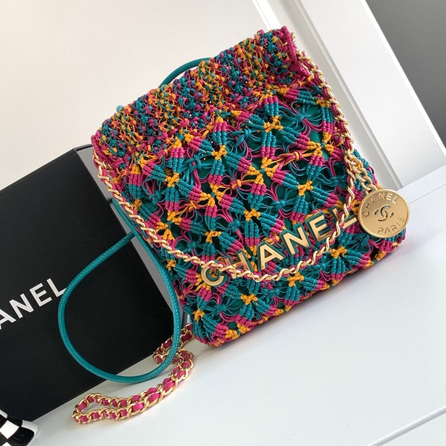 CHANEL Mini Macrame 22 Hobo Bag 19cm Multicolor Green Calfskin Gold Hardware