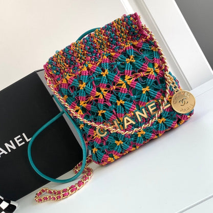 CHANEL Mini Macrame 22 Hobo Bag 19cm Multicolor Green Calfskin Gold Hardware