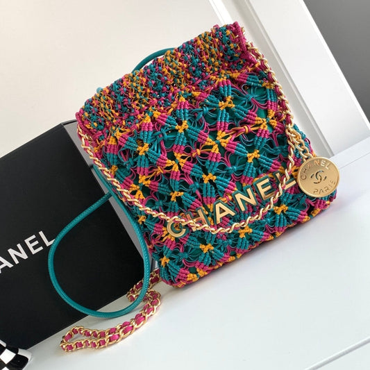 CHANEL Mini Macrame 22 Hobo Bag 19cm Multicolor Green Calfskin Gold Hardware