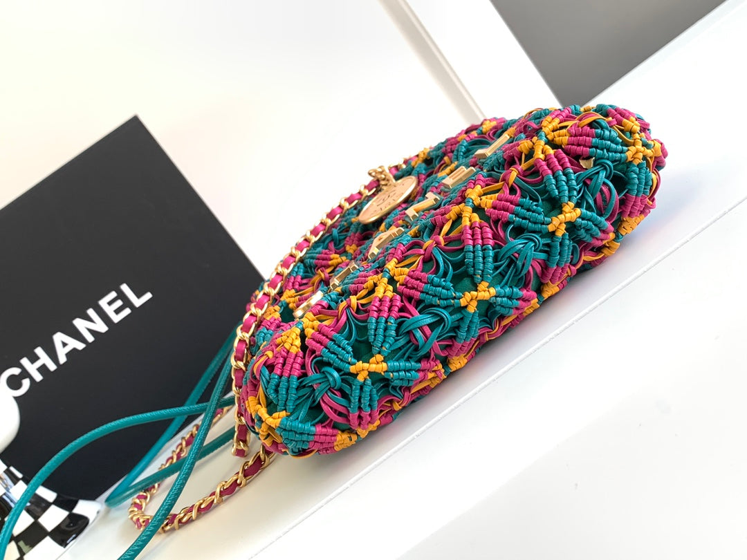 CHANEL Mini Macrame 22 Hobo Bag 19cm Multicolor Green Calfskin Gold Hardware