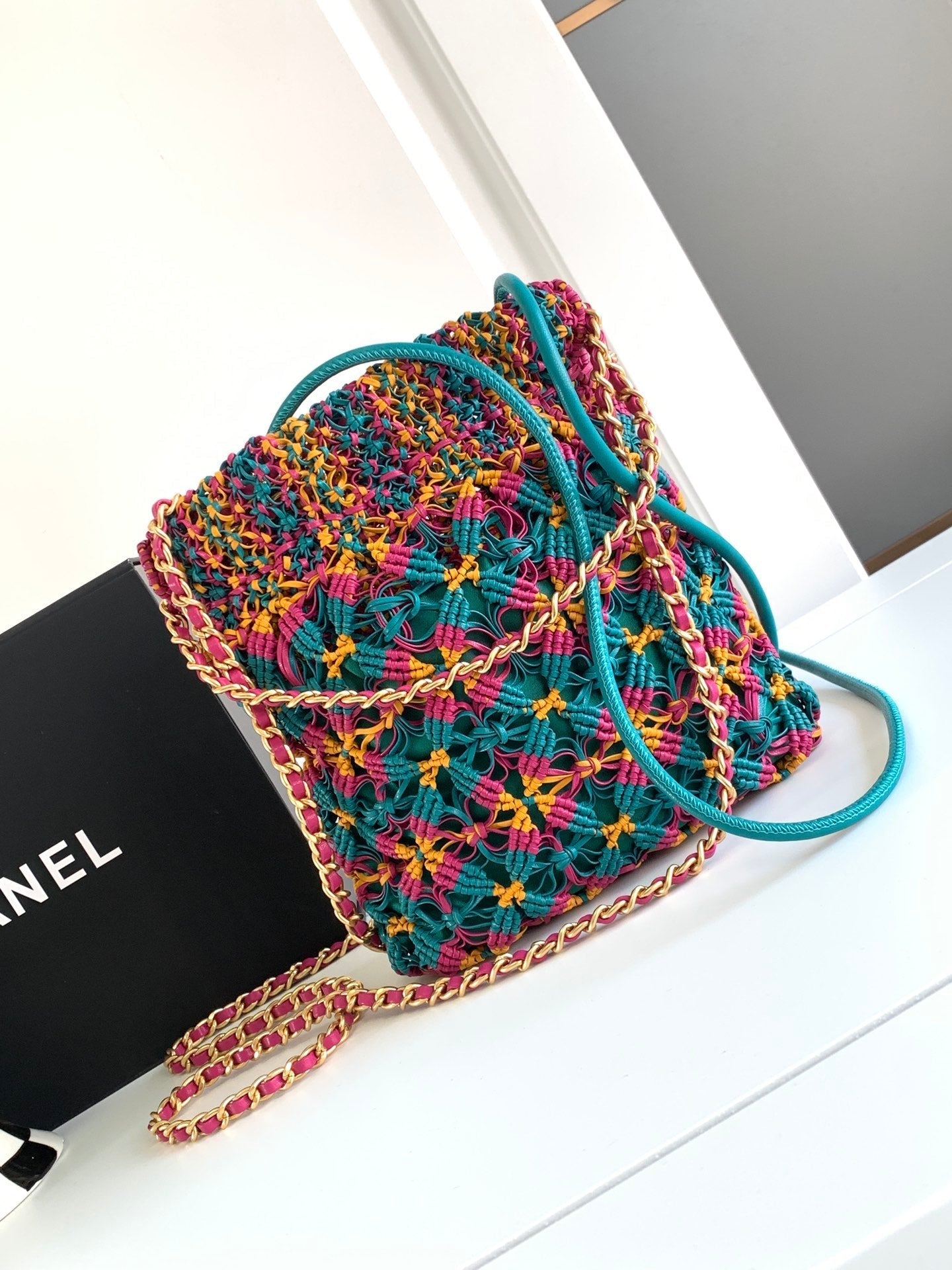 CHANEL Mini Macrame 22 Hobo Bag 19cm Multicolor Green Calfskin Gold Hardware