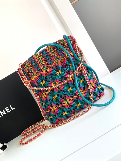CHANEL Mini Macrame 22 Hobo Bag 19cm Multicolor Green Calfskin Gold Hardware