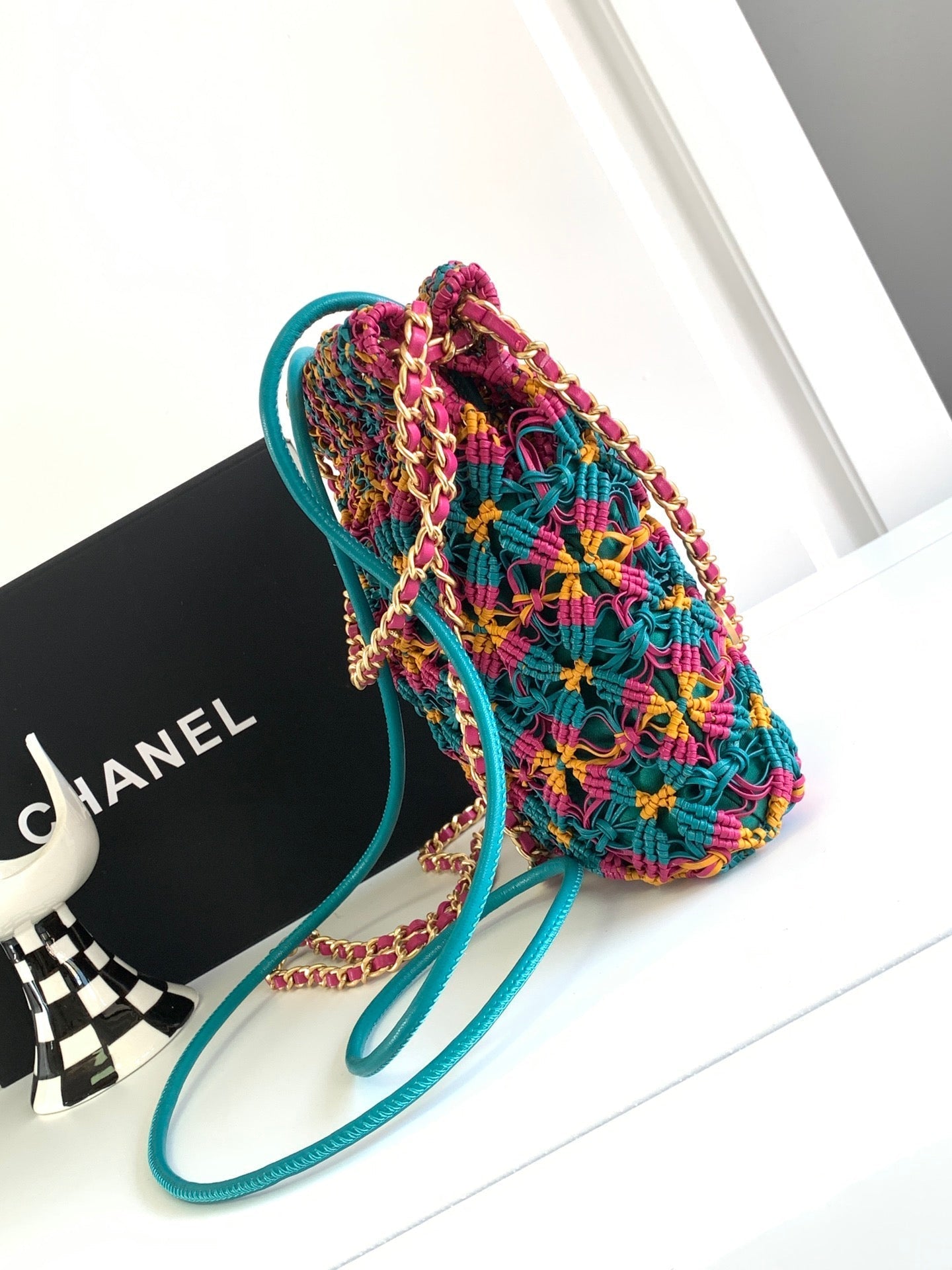 CHANEL Mini Macrame 22 Hobo Bag 19cm Multicolor Green Calfskin Gold Hardware