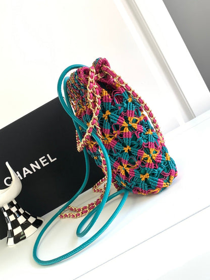 CHANEL Mini Macrame 22 Hobo Bag 19cm Multicolor Green Calfskin Gold Hardware