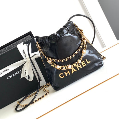 CHANEL 24a 22 hobo bag 20cm black lambskin pearl gold hardware
