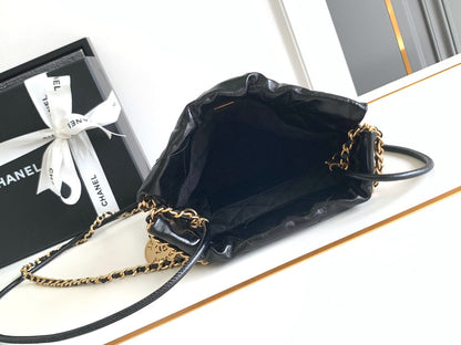 CHANEL 24a 22 hobo bag 20cm black lambskin pearl gold hardware