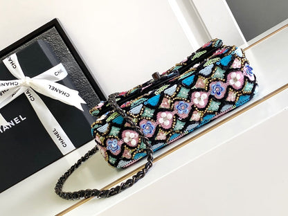 CHANEL 24a Flap Bag 20cm Sequin Satin Black Hardware