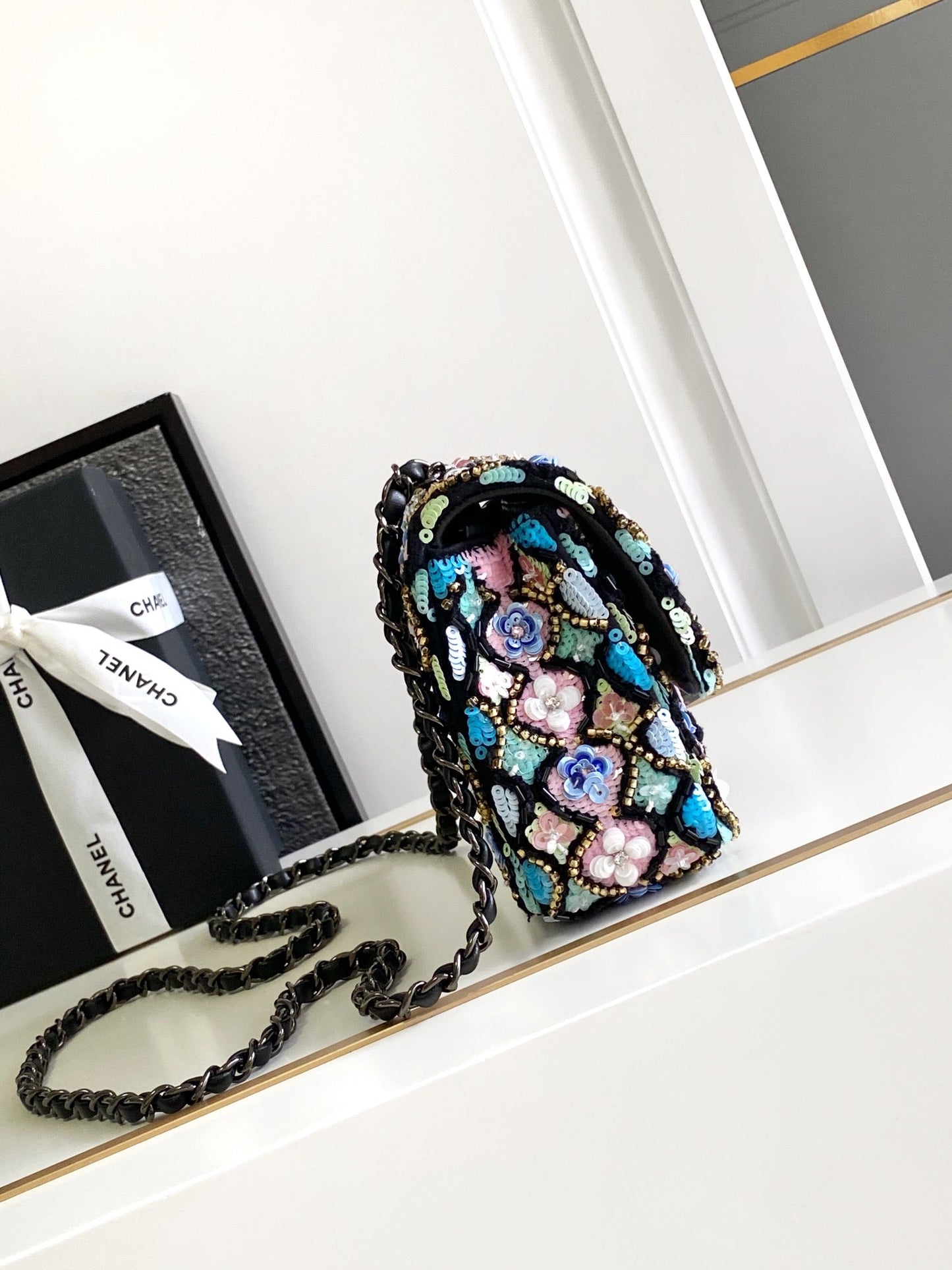 CHANEL 24a Flap Bag 20cm Sequin Satin Black Hardware