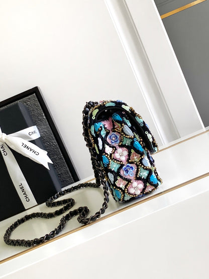 CHANEL 24a Flap Bag 20cm Sequin Satin Black Hardware