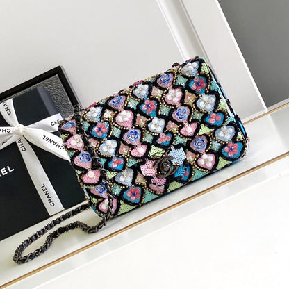 CHANEL 24a Flap Bag 20cm Sequin Satin Black Hardware