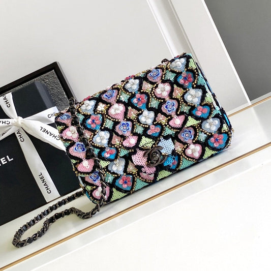 CHANEL 24a Flap Bag 20cm Sequin Satin Black Hardware