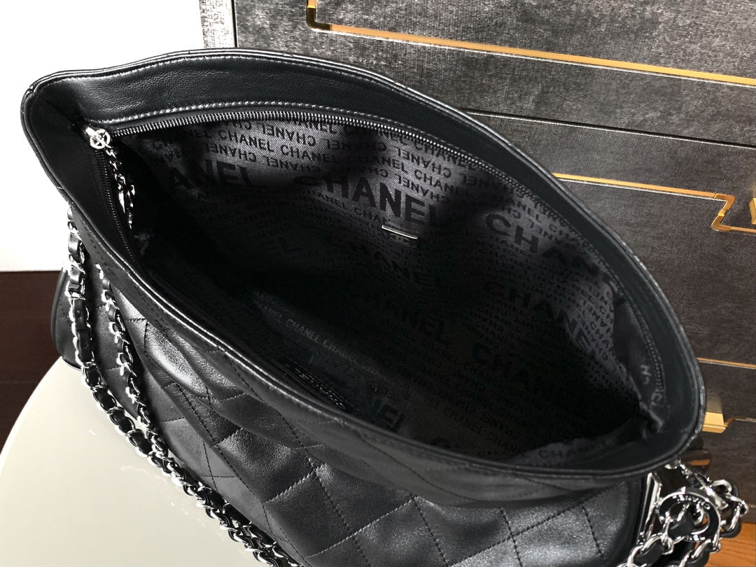 CHANEL Vintage Hobo Bag 40cm Black Lambskin Silver Hardware