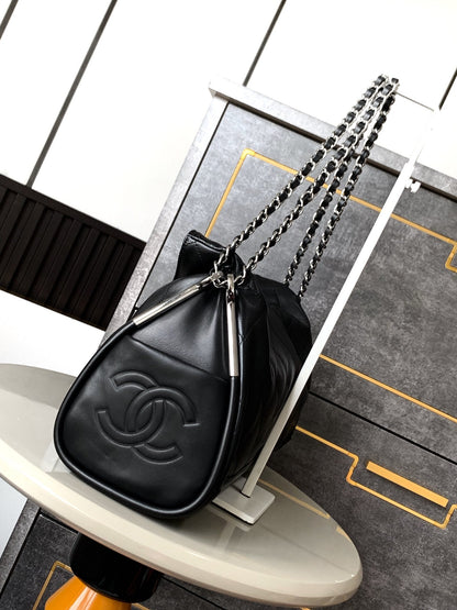 CHANEL Vintage Hobo Bag 40cm Black Lambskin Silver Hardware