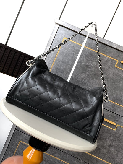 CHANEL Vintage Hobo Bag 40cm Black Lambskin Silver Hardware