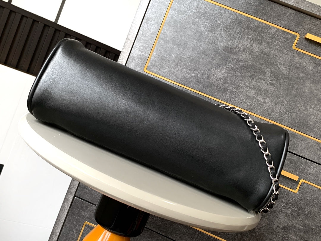 CHANEL Vintage Hobo Bag 40cm Black Lambskin Silver Hardware