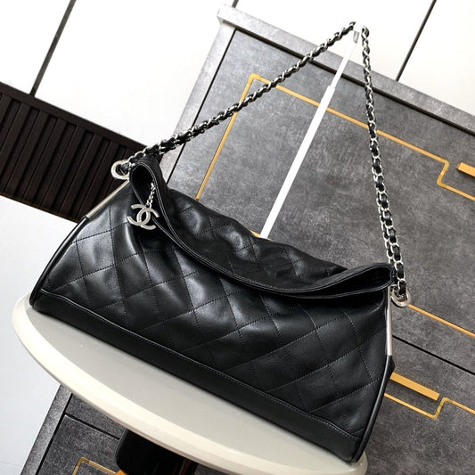 CHANEL Vintage Hobo Bag 40cm Black Lambskin Silver Hardware