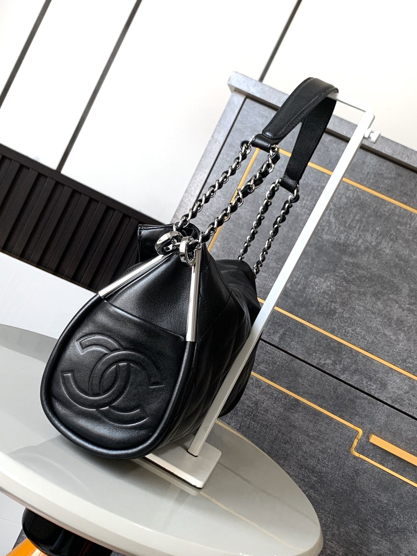 CHANEL Vintage Hobo Bag 30cm Black Lambskin Silver Hardware