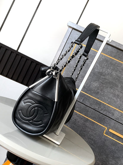 CHANEL Vintage Hobo Bag 30cm Black Lambskin Silver Hardware