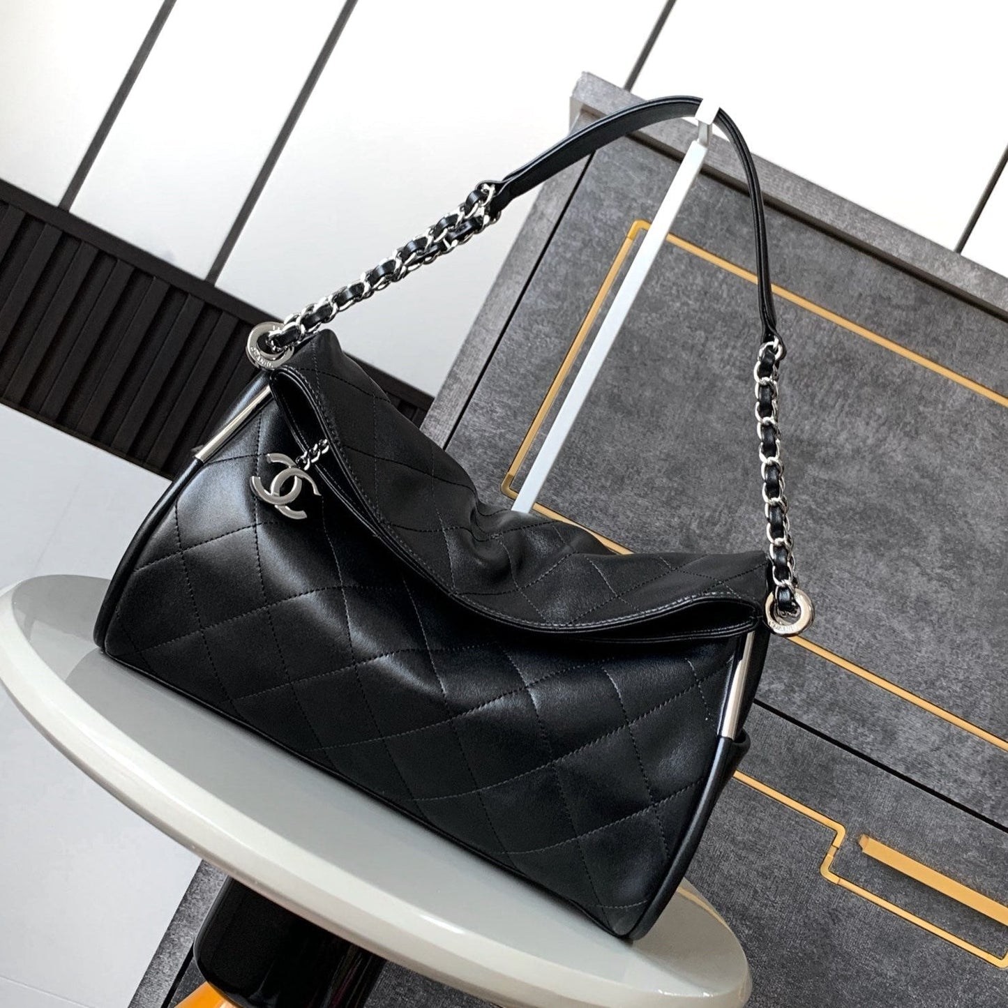 CHANEL Vintage Hobo Bag 30cm Black Lambskin Silver Hardware