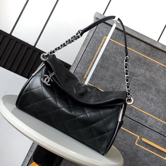 CHANEL Vintage Hobo Bag 30cm Black Lambskin Silver Hardware