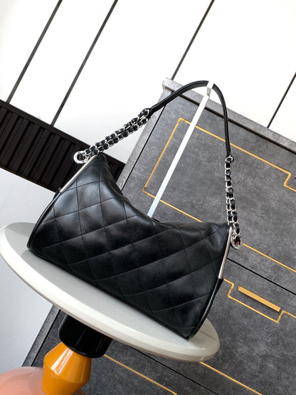 CHANEL Vintage Hobo Bag 30cm Black Lambskin Silver Hardware