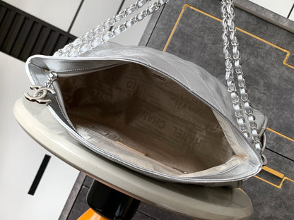 CHANEL Vintage Hobo Bag 40cm Silver Metalic Lambskin Silver Hardware