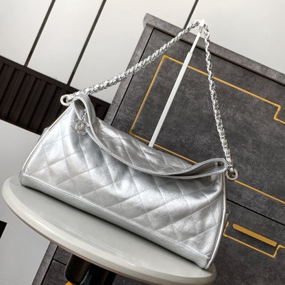 CHANEL Vintage Hobo Bag 40cm Silver Metalic Lambskin Silver Hardware