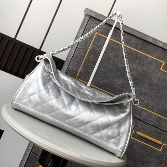 CHANEL Vintage Hobo Bag 40cm Silver Metalic Lambskin Silver Hardware