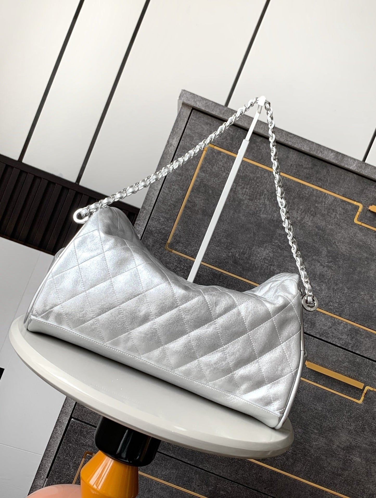 CHANEL Vintage Hobo Bag 40cm Silver Metalic Lambskin Silver Hardware