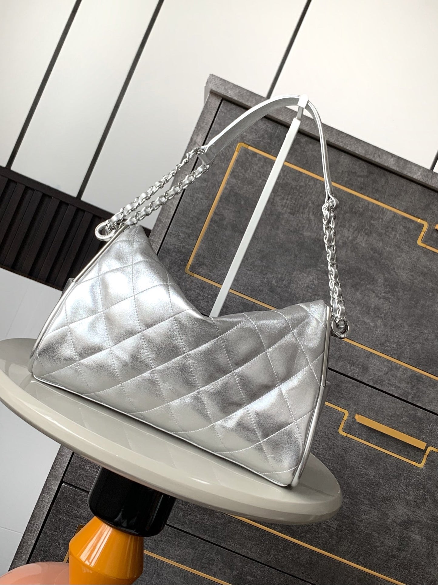 CHANEL Vintage Hobo Bag 30cm Silver Metalic Lambskin Silver Hardware