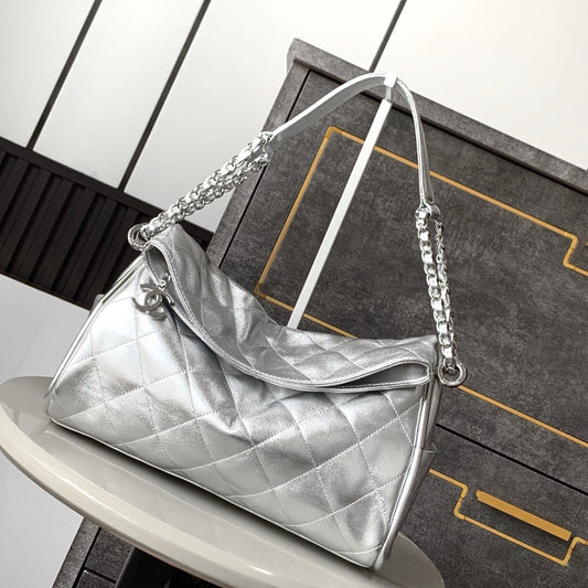 CHANEL Vintage Hobo Bag 30cm Silver Metalic Lambskin Silver Hardware