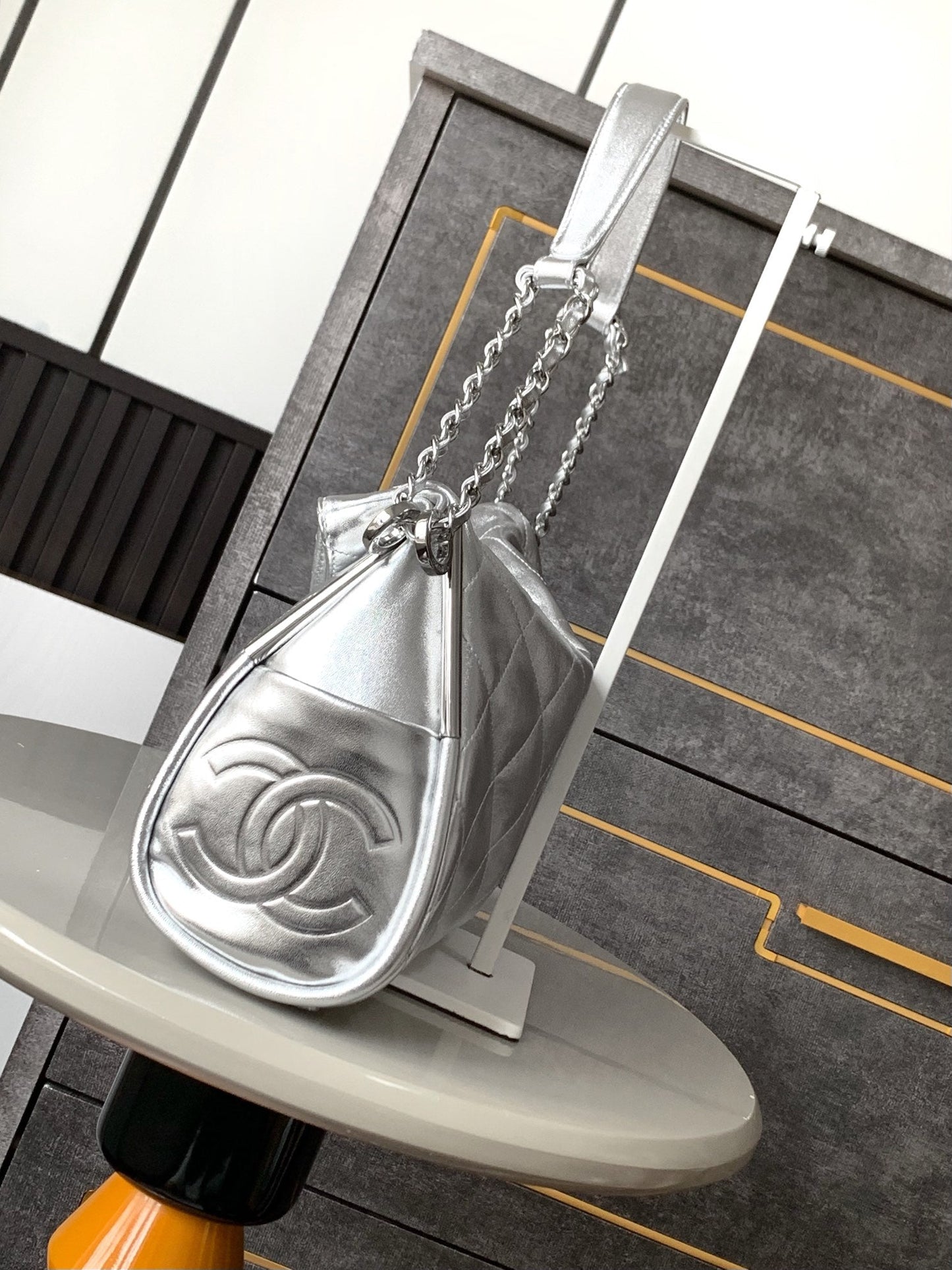 CHANEL Vintage Hobo Bag 30cm Silver Metalic Lambskin Silver Hardware