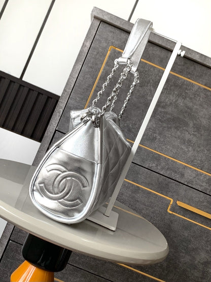 CHANEL Vintage Hobo Bag 30cm Silver Metalic Lambskin Silver Hardware