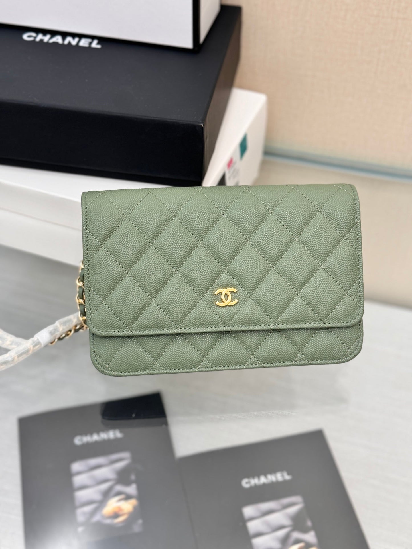 CHANEL WOC 19CM KHAKI BLUE CAVIAR GOLD HARDWARE