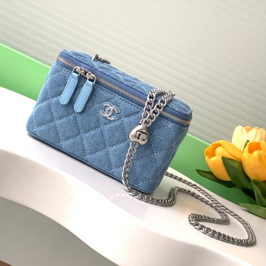 CHANEL 24K Vanity 18cm Blue Denim Silver Hardware