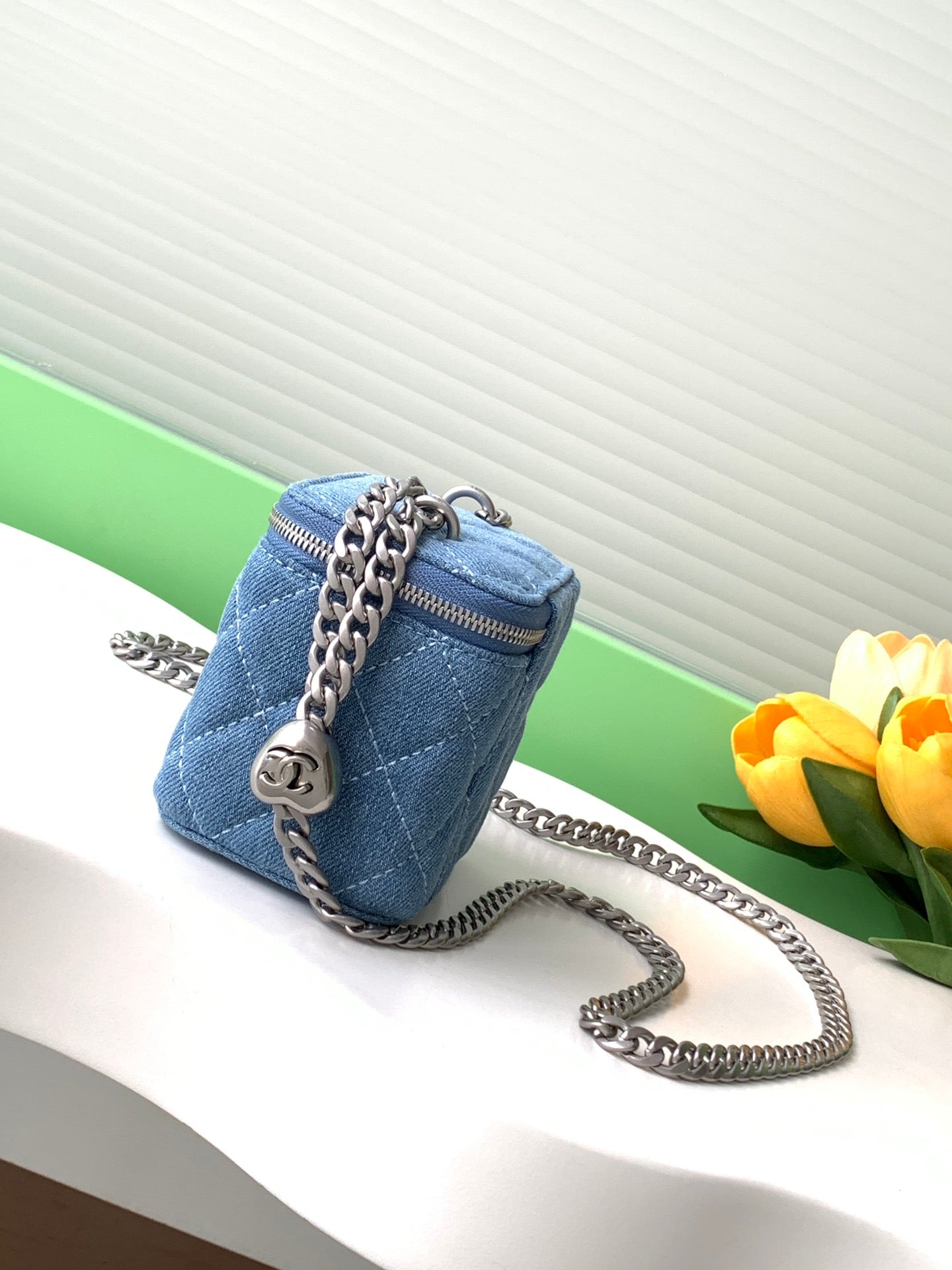 CHANEL 24K Vanity 11cm Blue Denim Silver Hardware