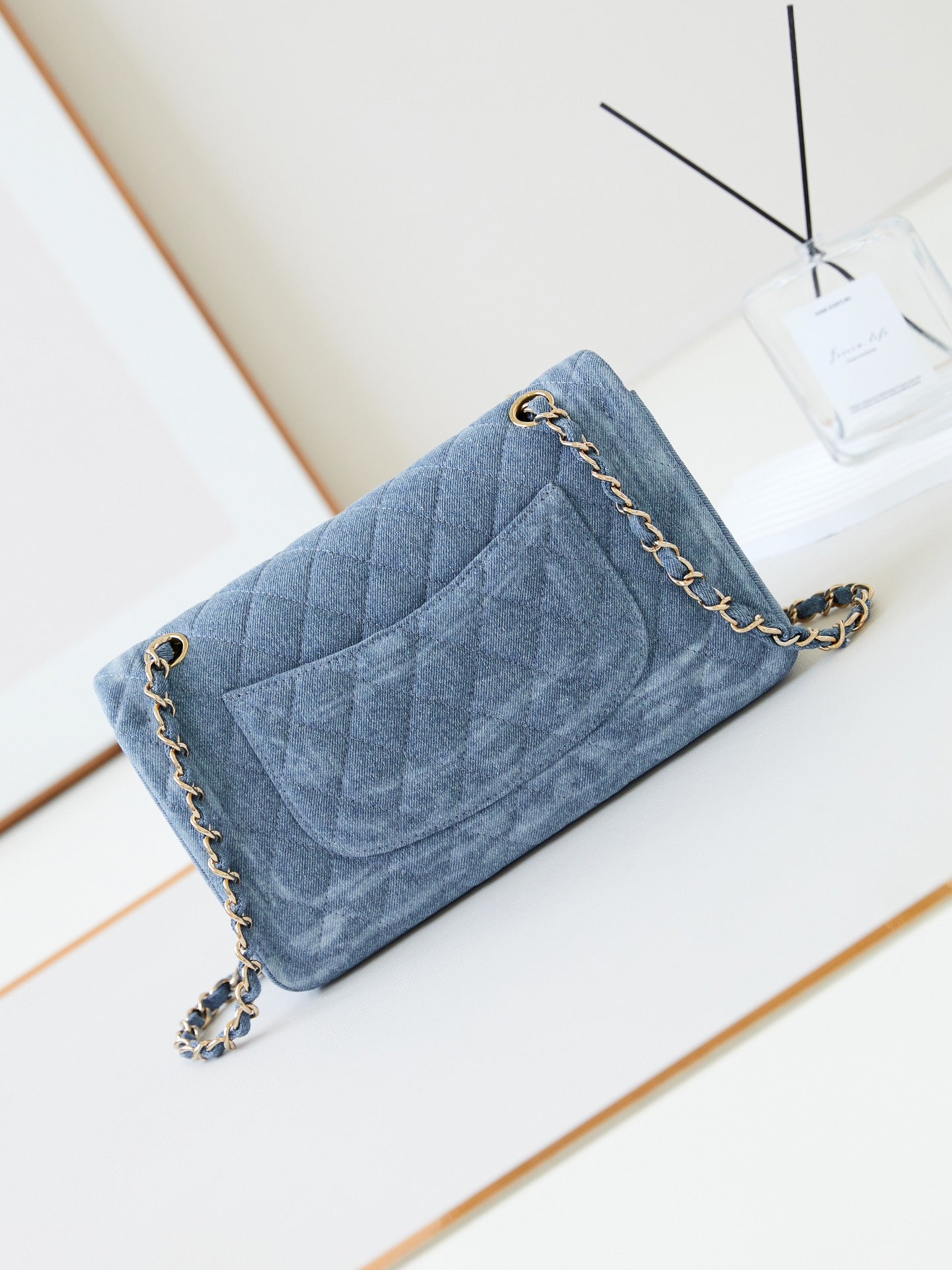 CHANEL 24K Flap Bag 20cm Multi Charm Blue Denim Gold Hardware