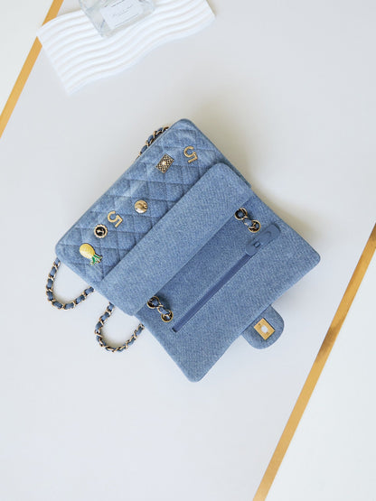 CHANEL 24K Flap Bag 20cm Multi Charm Blue Denim Gold Hardware