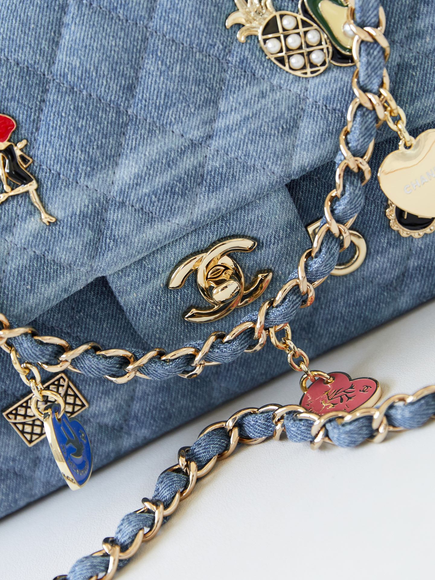 CHANEL 24K Flap Bag 20cm Multi Charm Blue Denim Gold Hardware