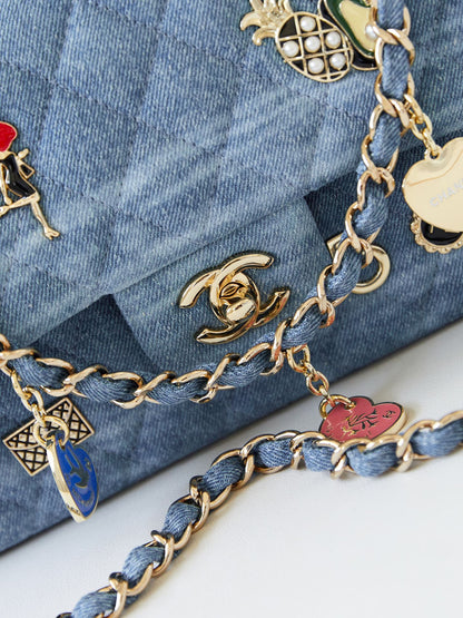 CHANEL 24K Flap Bag 20cm Multi Charm Blue Denim Gold Hardware