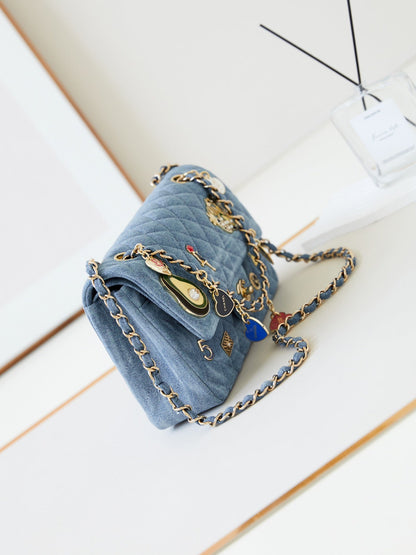 CHANEL 24K Flap Bag 20cm Multi Charm Blue Denim Gold Hardware