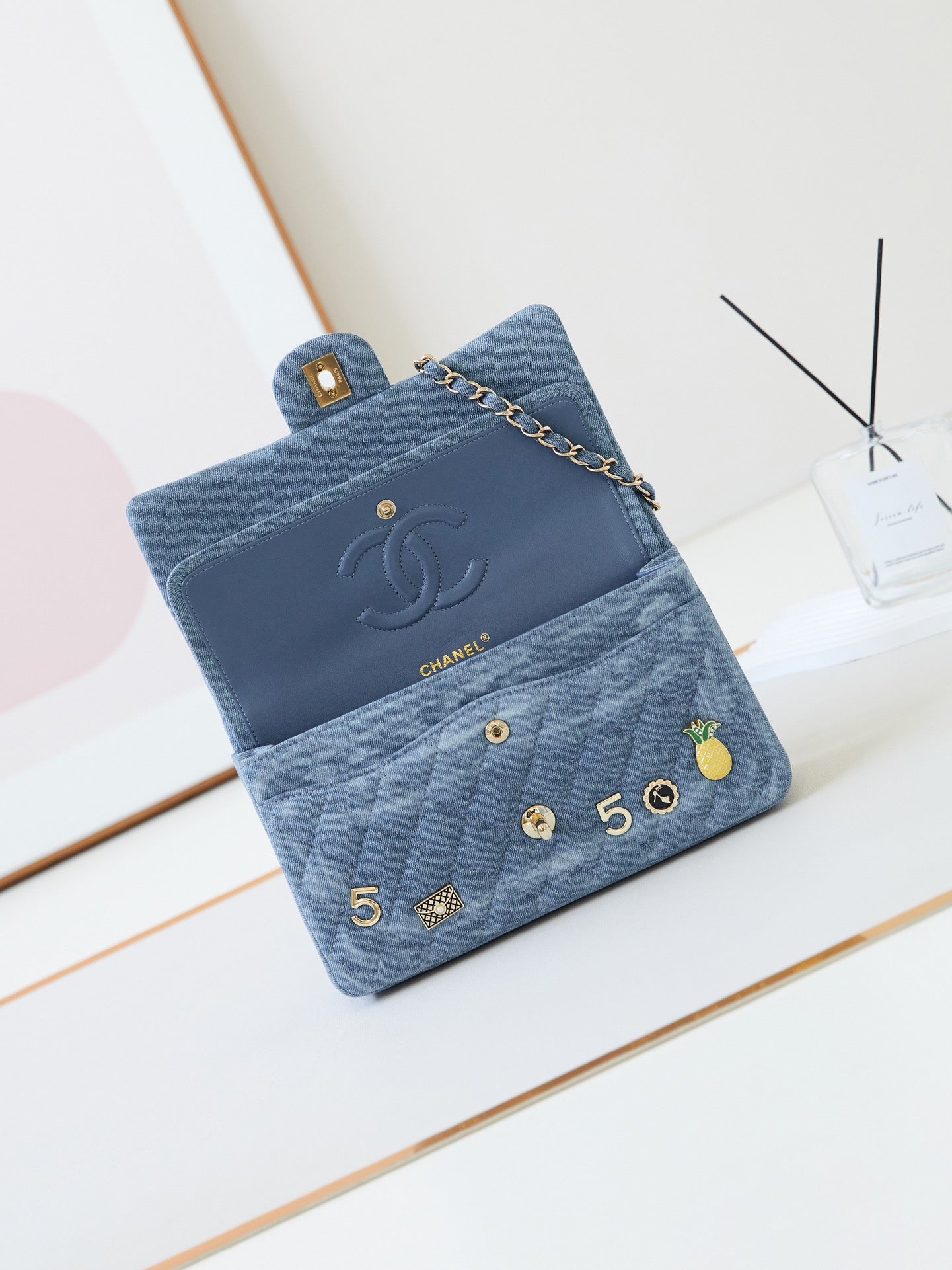 CHANEL 24K Flap Bag 20cm Multi Charm Blue Denim Gold Hardware